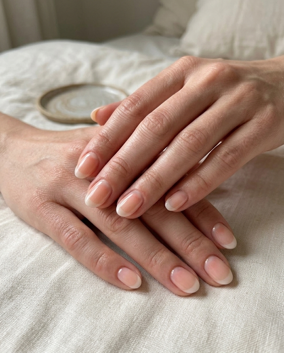 Peach Fuzz Aura French Nails: Soft peach base with diffused aura & sheer white French tip. Romantic elegance.