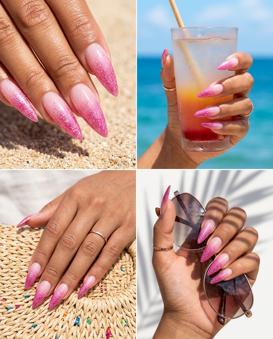 Glamorous hot pink glitter fade nails for concerts and parties. Colourful summer nails 2026.