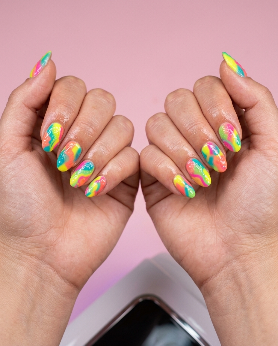 Textured Rainbow Abstract Nails: Bold multicolor with a unique tactile finish. Edgy for festivals.
