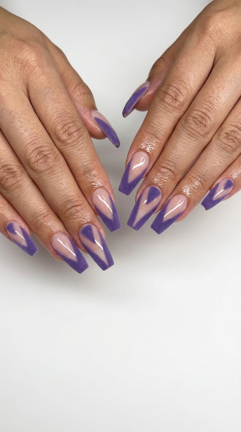 Velvet lavender negative space for sophisticated colourful summer nails 2026. Ideal for formal events.