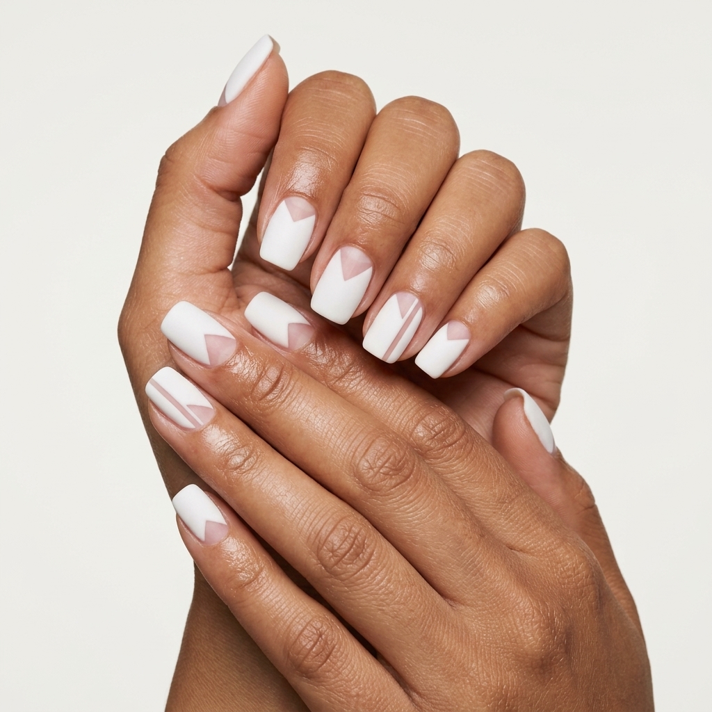 Chic matte white nails with negative space lines for work. Colourful summer nails 2026.