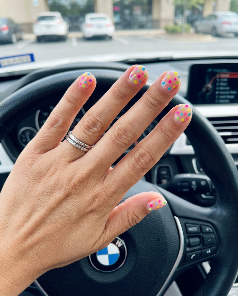 Confetti Dot nails: playful clear base with vibrant multicolor dots for summer vibes nails 2026.