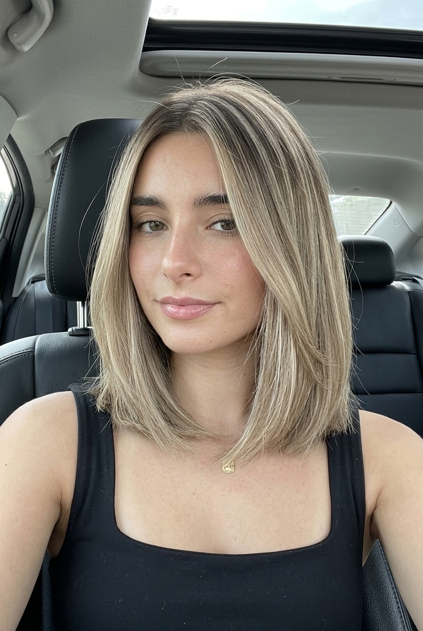blunt lob with cool beige bronde and ash root, subtle layers — minimalist sophisticated