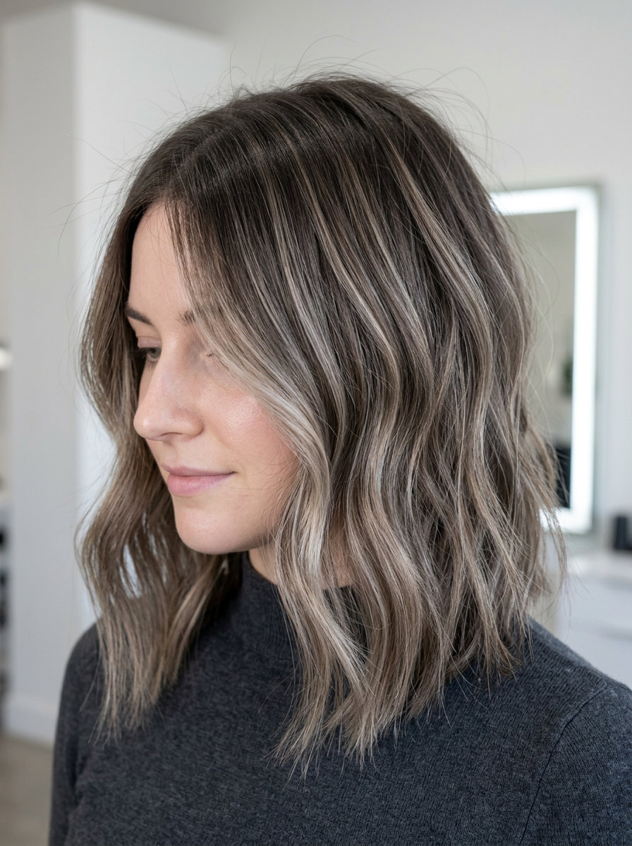 long blunt cut with cool beige shadow root highlights and ash brown base, teasylights & balayage for professional