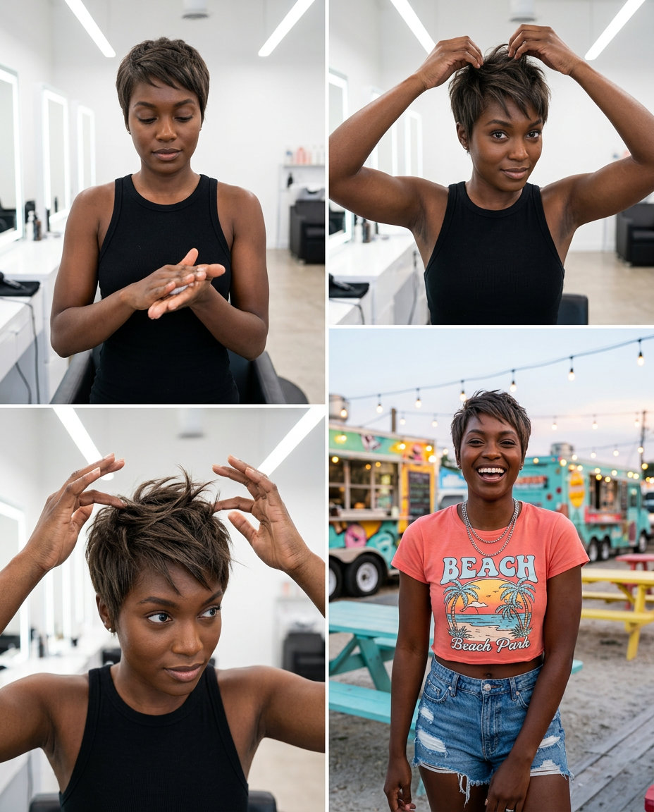 short natural cool brown pixie haircut with piecey texture and defined spikes for summer