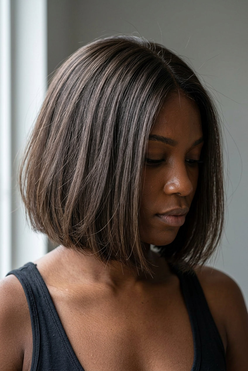 short cool brunette tousled bob with ash undertones and internal thinning for modern chic
