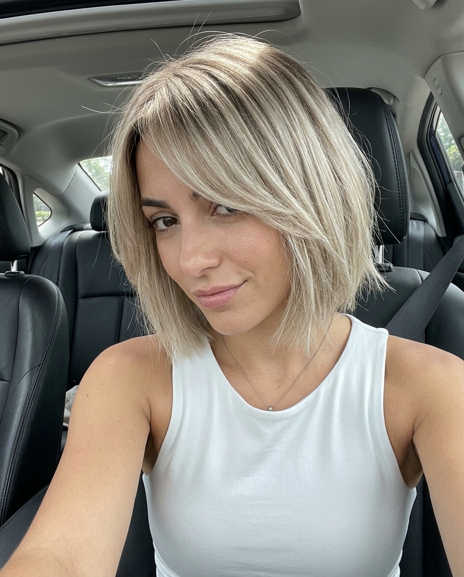 Effortless Piecey Bob: Chic Summer Style 2026 chin-length cool linen blonde bob with sandy beige highlights and piecey texture for summer