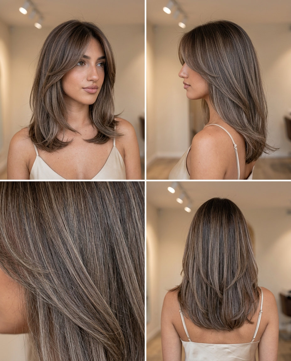 collarbone length cut with cool mocha brunette, ash brown balayage, curtain bangs for summer