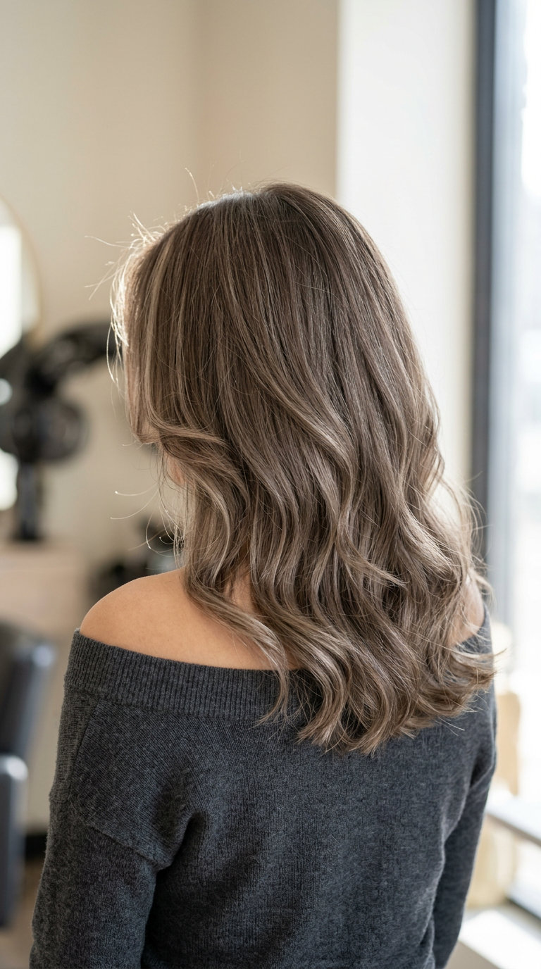 Cool Pecan Face-Framing Ash Brown 2026 long layered ash brown hair with cool pecan face-framing, ash ribbons, bright money pieces — playful bright