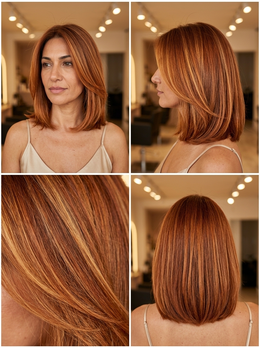 shoulder-length lob haircut in copper balayage with amber highlights