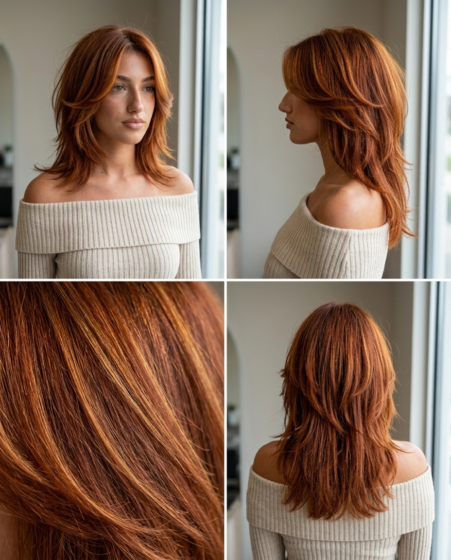 medium copper auburn butterfly haircut with golden babylights, shag layers, face-framing wings — bold retro weekend