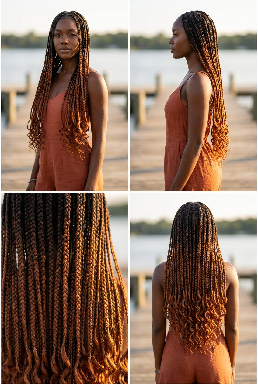 mid-back copper sunset balayage box braids with face-framing layers and curly ends, bohemian feel
