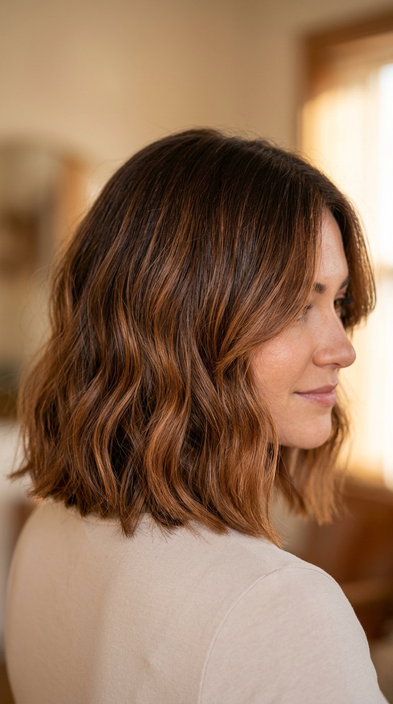 neck-grazing copper bob haircut with graduated layers and razored ends