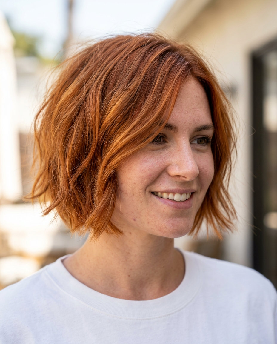 short copper penny french bob with golden-orange undertones, soft point-cut ends for playful