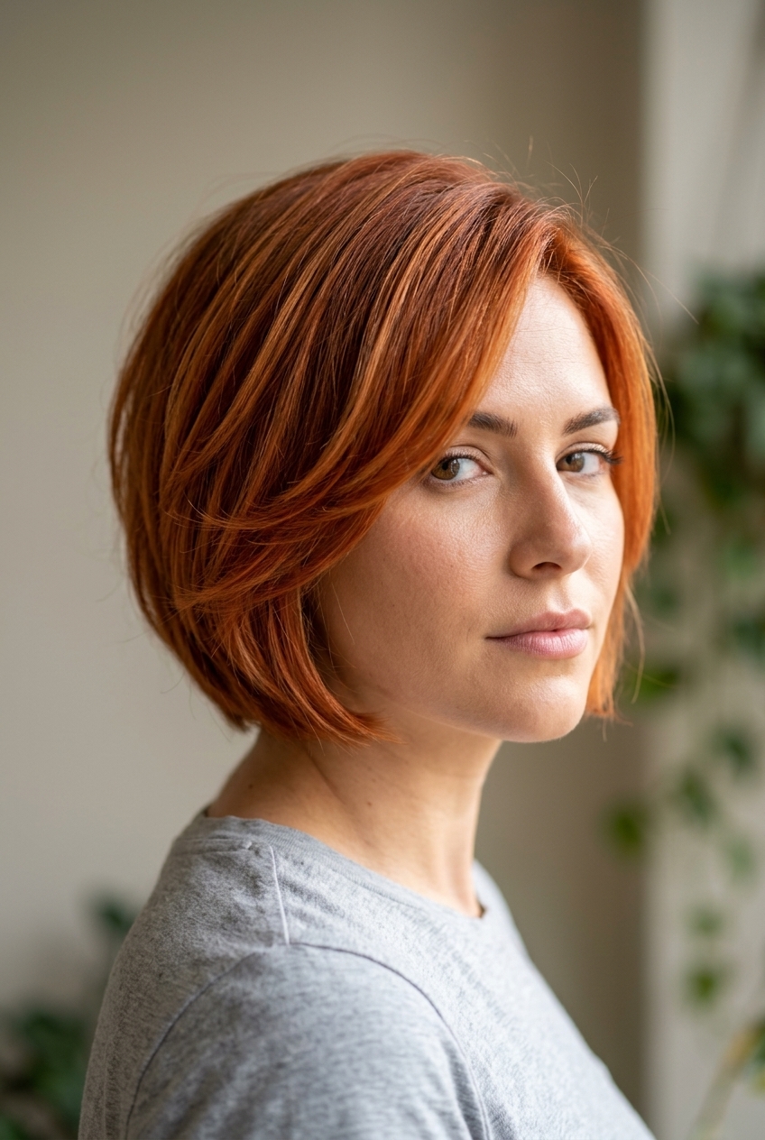 short razor bob haircut with fiery copper balayage, shattered layers and face-framing pieces for date night