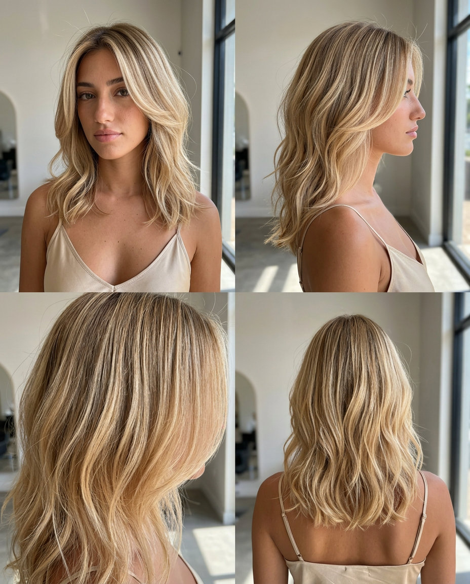 medium-length wavy honey blonde hair with creamy babylights, grown-out root — playful vacation
