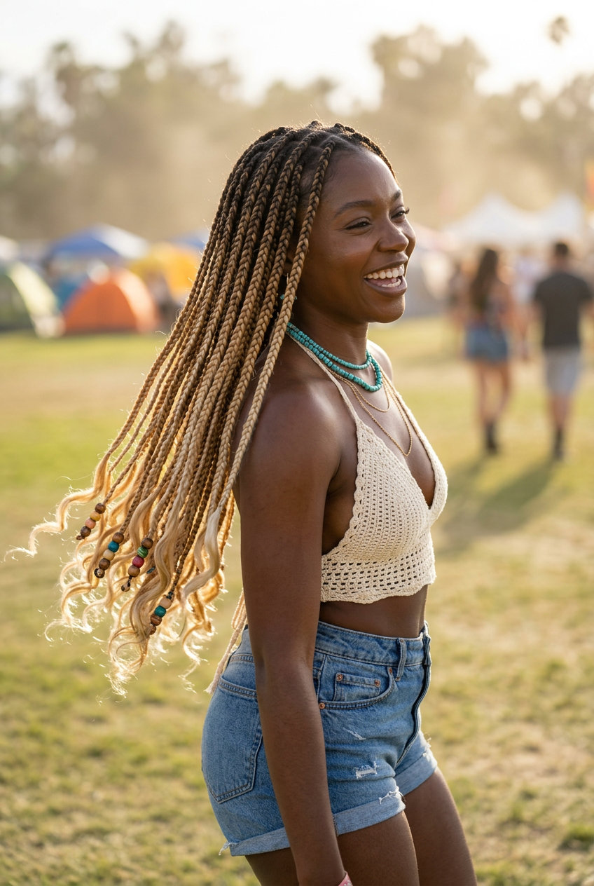 mid-back crème brûlée blonde knotless braids with wavy layered ends and beads, playful boho style