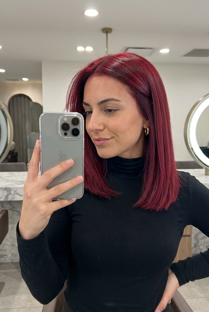 long sleek hair with vibrant crimson red all-over color for summer