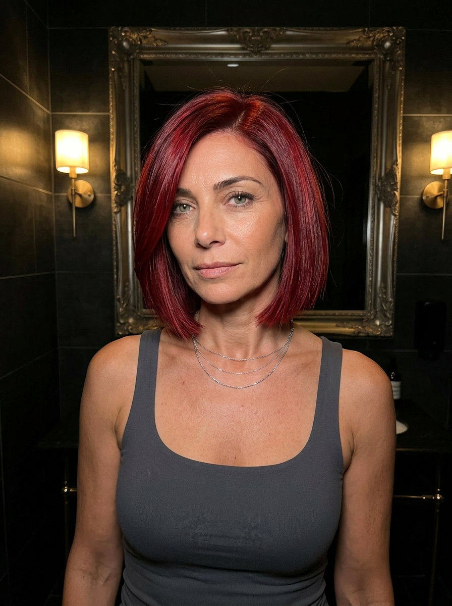 chin-length crimson red bob haircut with razored ends and deep side part for edgy look