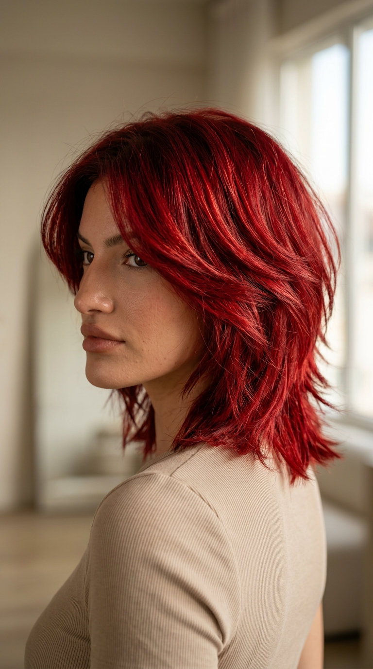 Crimson Red Wolf Cut 2026: Bold & Sultry medium crimson red wolf cut with violet undertones, extreme layering, short textured fringe — bold