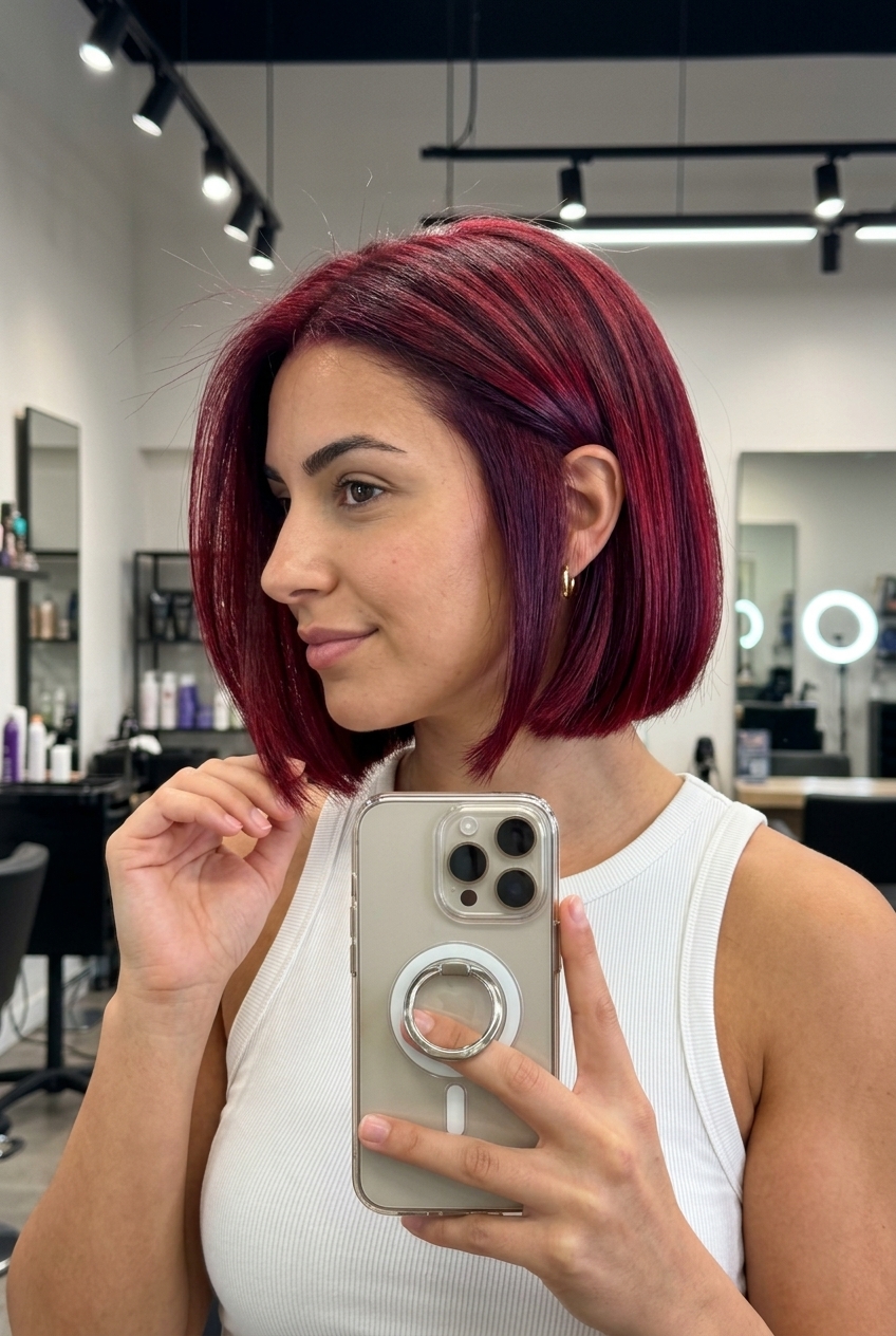 short razor bob haircut with crimson red, violet undertones and A-line perimeter for date night