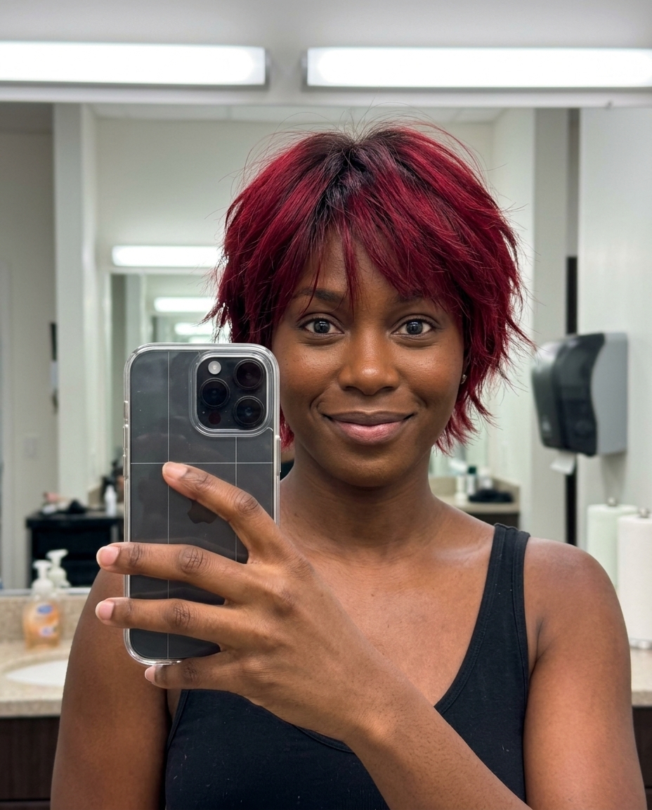 Fiery Crimson Bixie Haircut 2026 short bixie haircut in vibrant crimson red with ruby undertones, razored texture, piecey fringe for edgy look