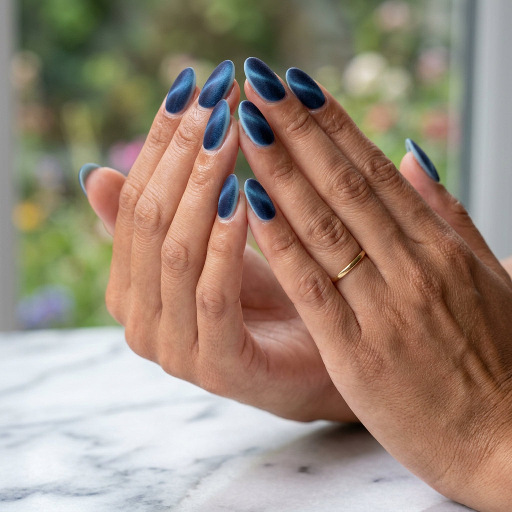 Cute summer nails 2026: Arctic cat-eye velvet finish in icy blue and deep blue, ideal for parties and nights out.