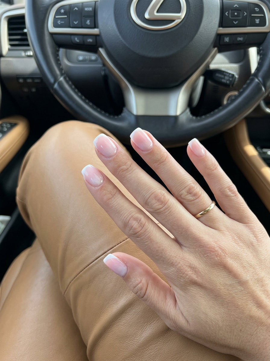 Cute summer nails 2026: Cloudy dawn French fade on short nails, minimalist for work, bridal showers, and weddings.