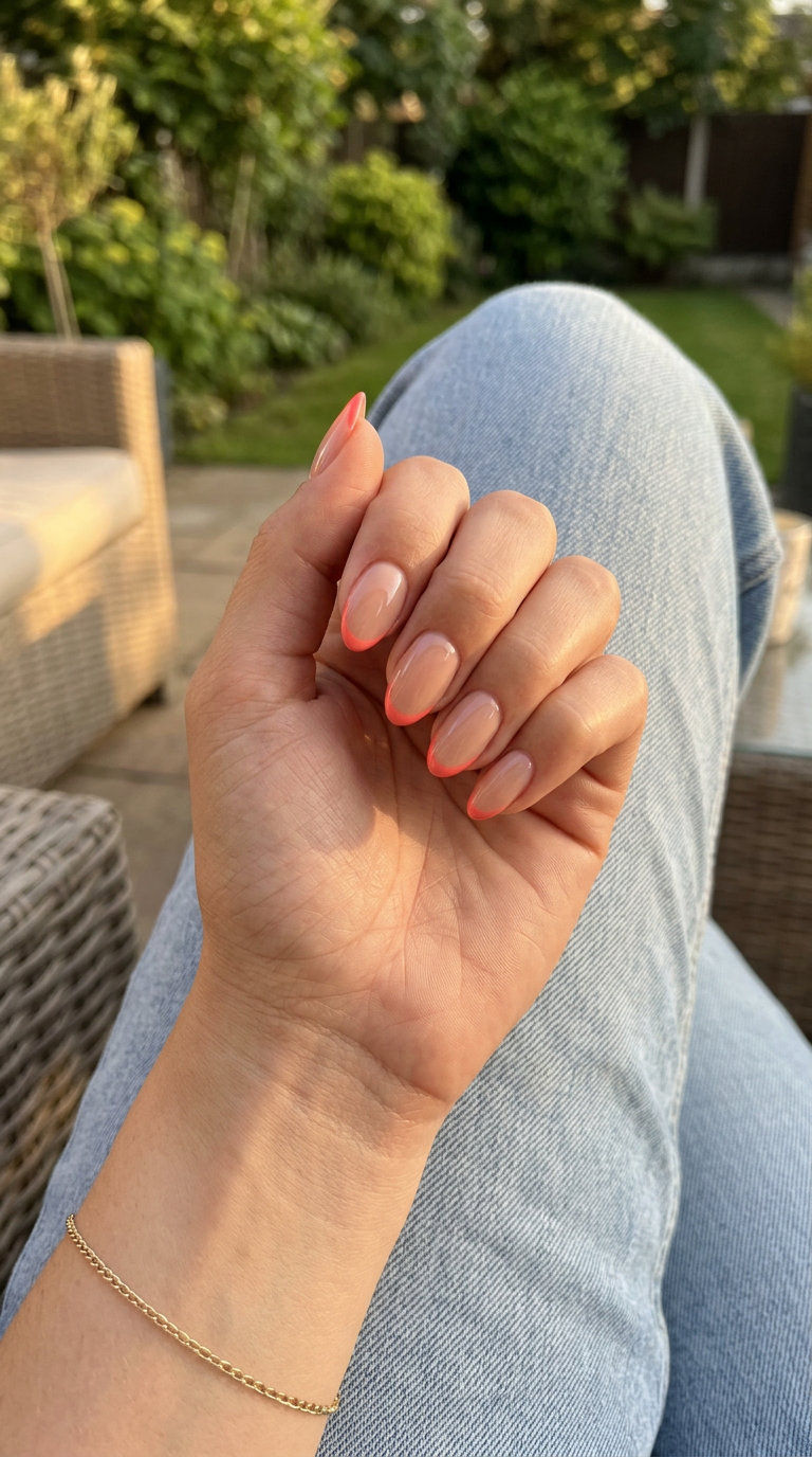 Cute summer nails 2026: Coral Sunset Reverse French with nude and coral. Chic date night nails.