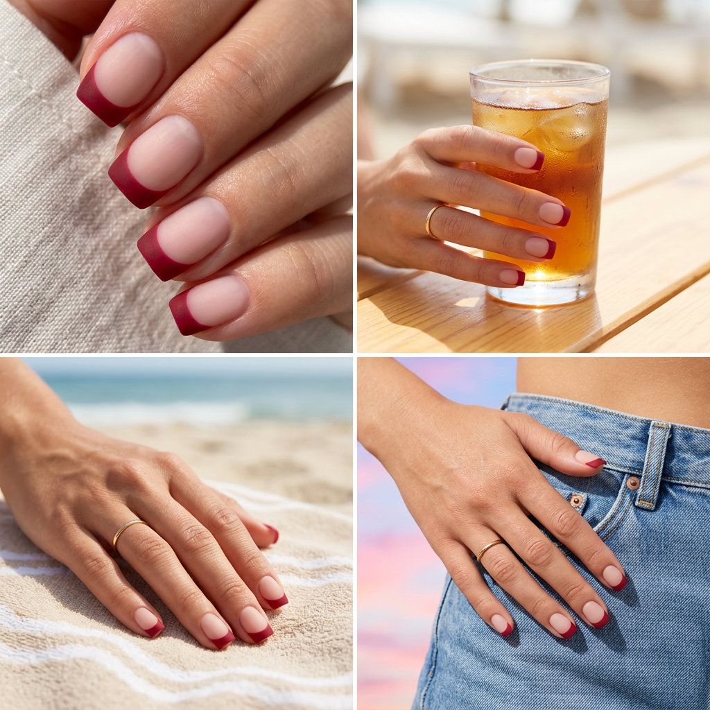 Cute summer nails 2026: Sophisticated crimson matte French tips on squoval nails for daily wear.
