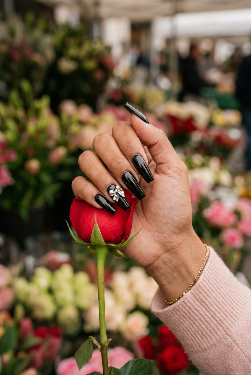 Cute summer nails 2026: Cybernetic Bow Coffin with black and silver chrome bows. Edgy festival nails.