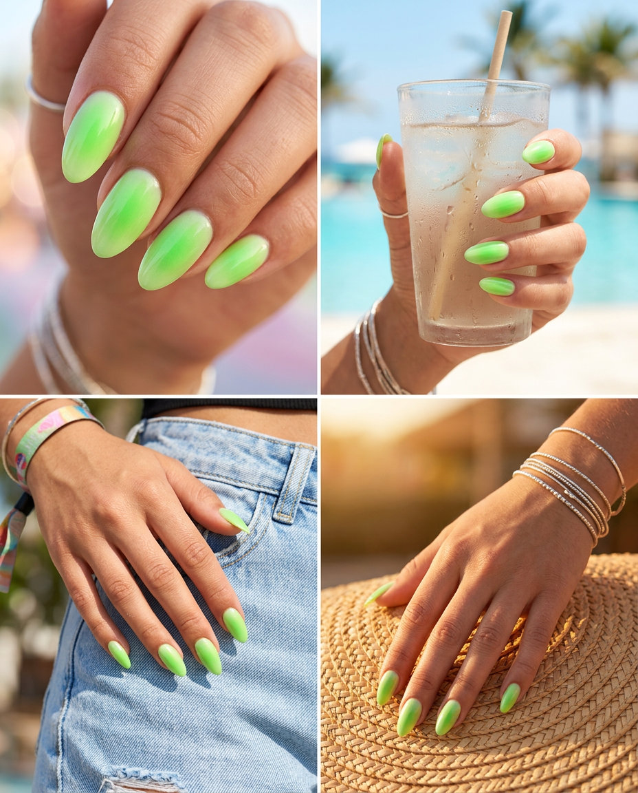 Cute summer nails 2026: Electric lime green aura gradient on medium nails, perfect for festivals and parties.