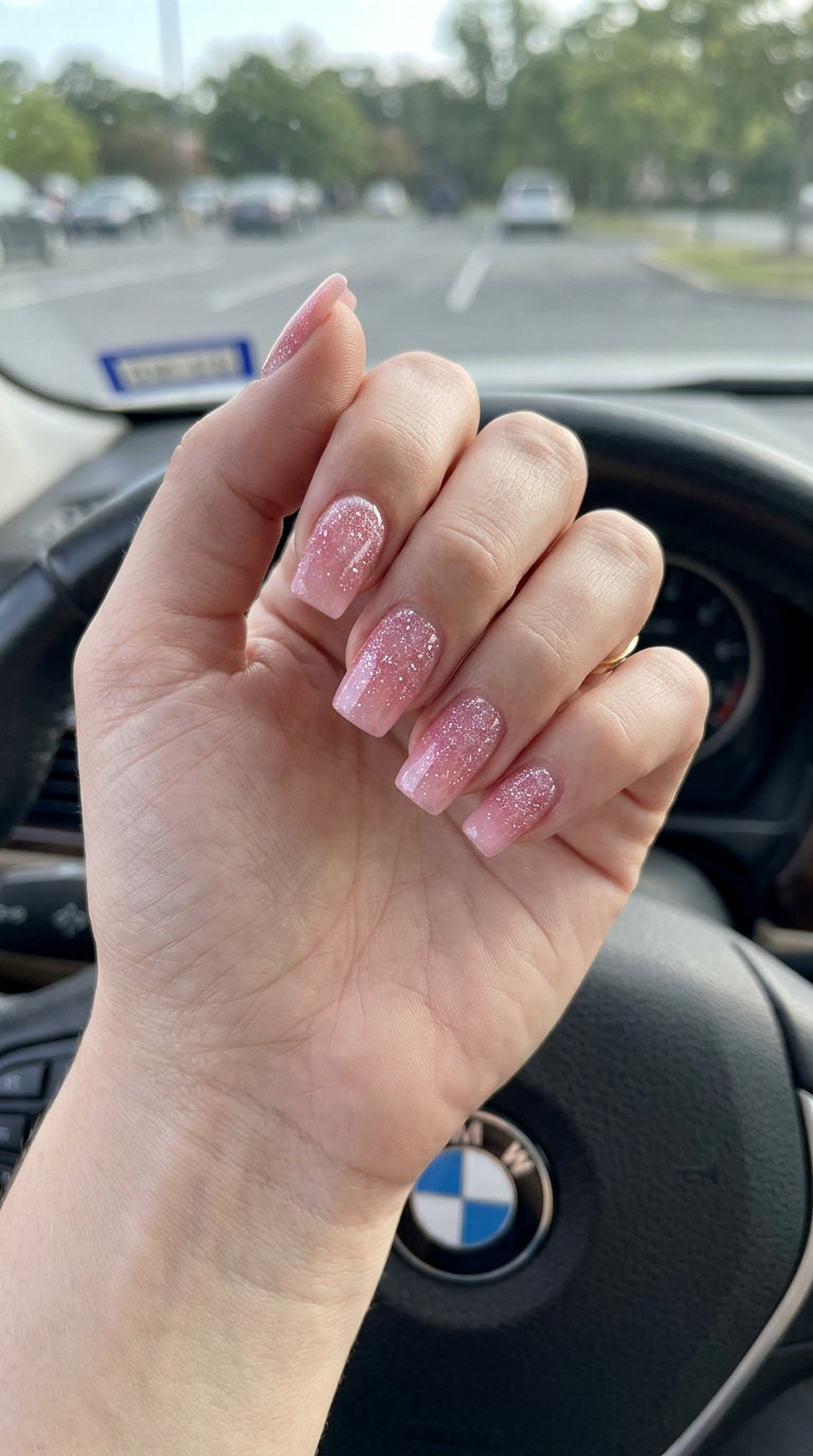 Cute summer nails 2026: Fairy Floss Glitter Fade with sheer pink jelly and iridescent glitter. Perfect for parties.