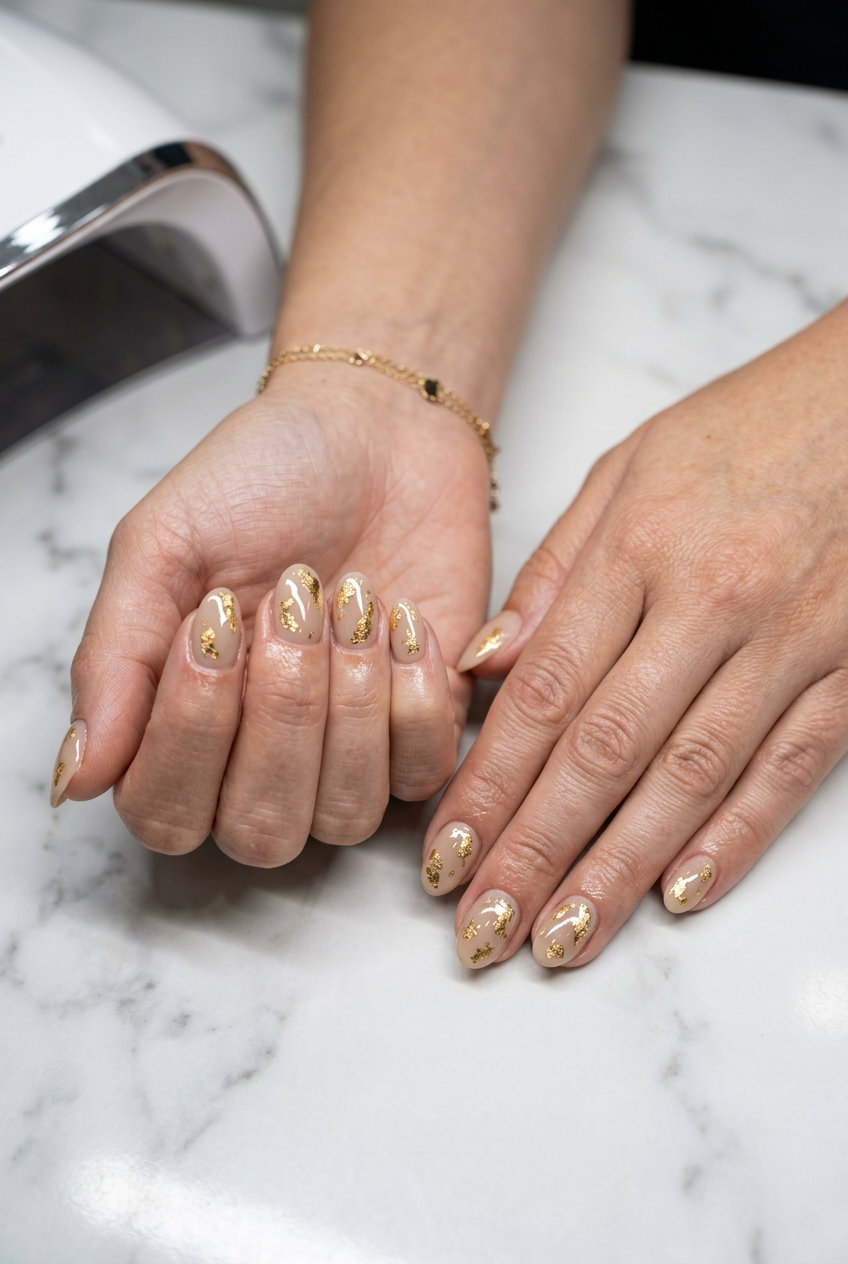 Cute summer nails 2026: Golden hour foil accents on elegant oval nails, chic for formal events and daily wear.