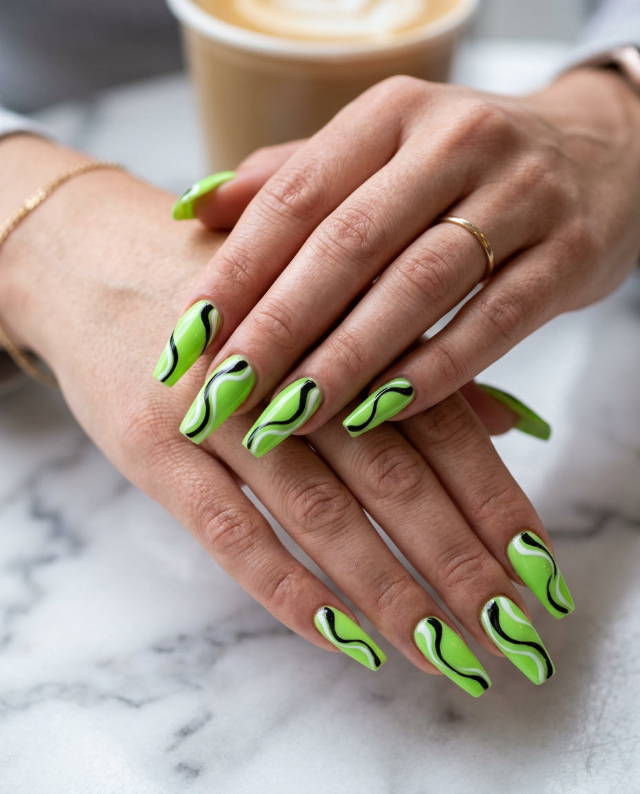 Cute summer nails 2026: Groovy lime swirls on long coffin nails, edgy for festivals and parties.