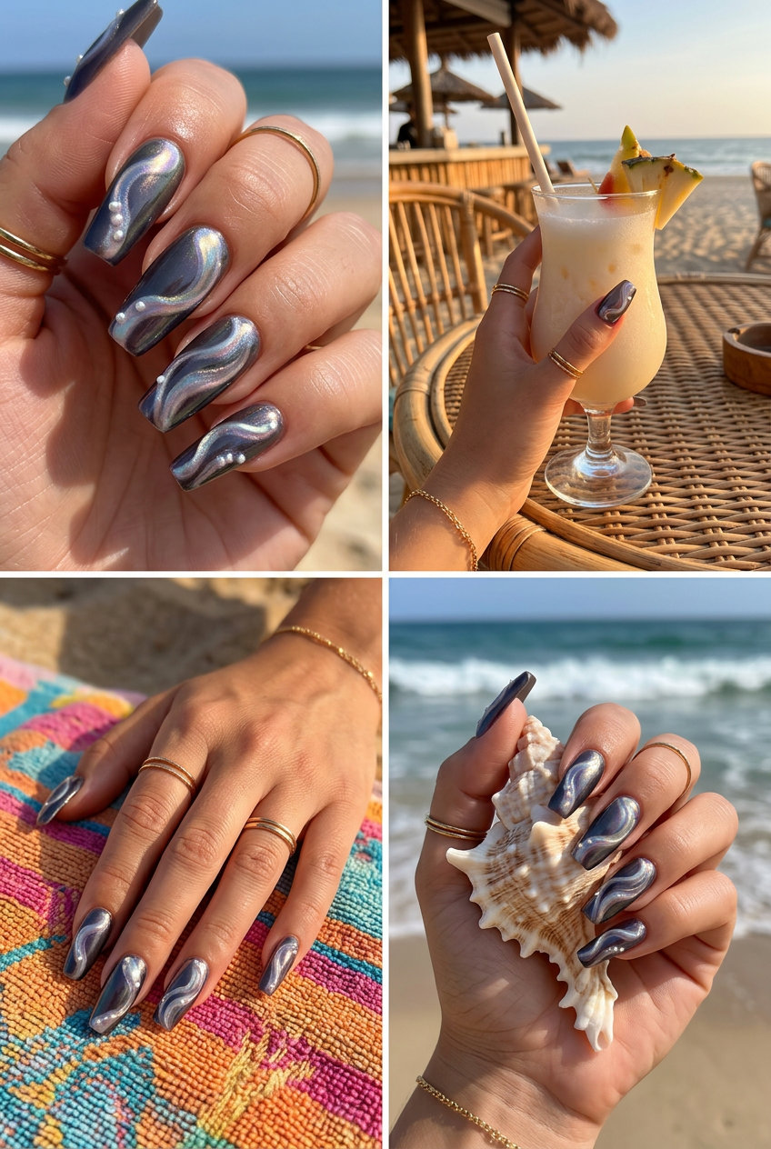 Cute summer nails 2026: Opalescent Swirl Coffin with chrome and pearls. Glamorous party nails.