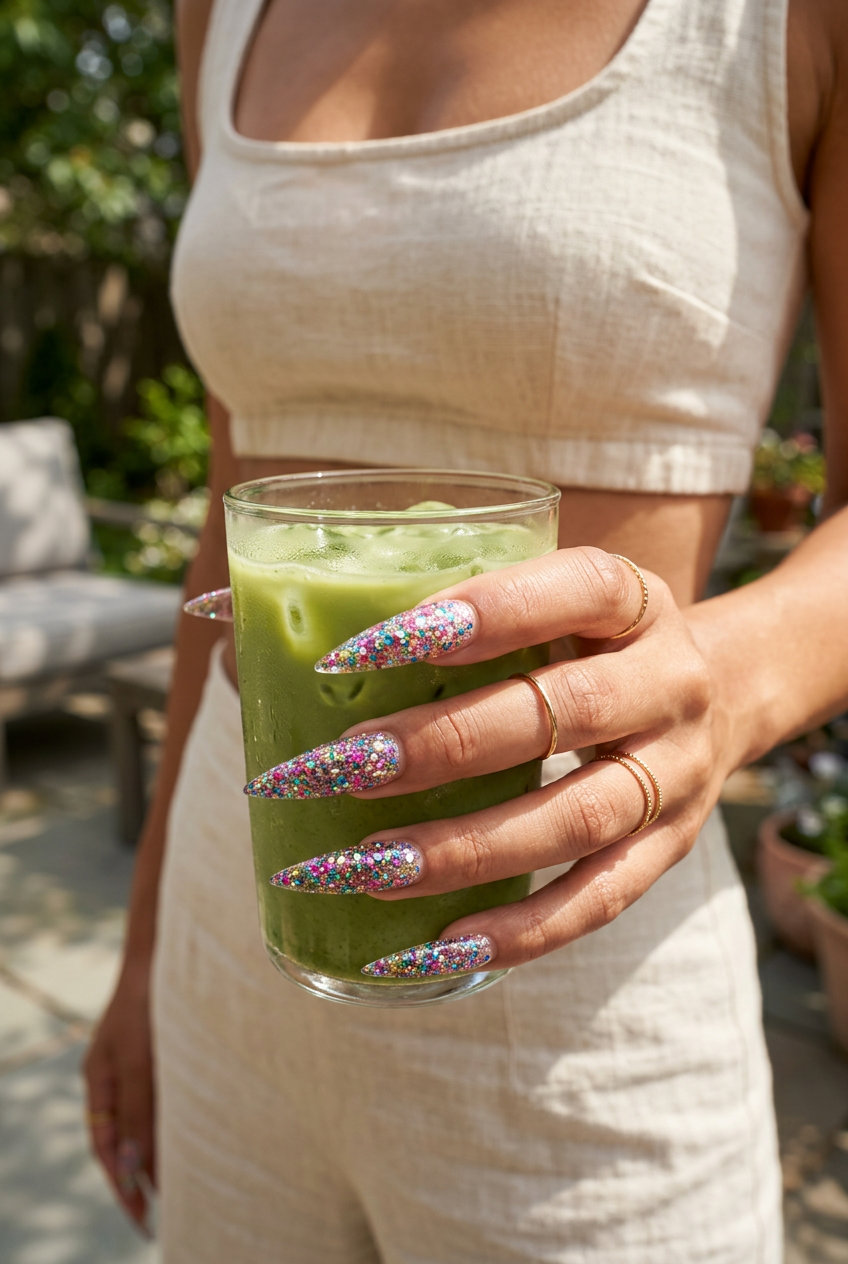 Cute summer nails 2026: Festive multicolor glitter stiletto nails for parties and festivals.