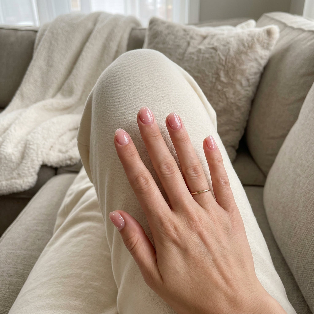 Cute summer nails 2026: Sweet strawberry milk jelly with white dots on squoval nails.