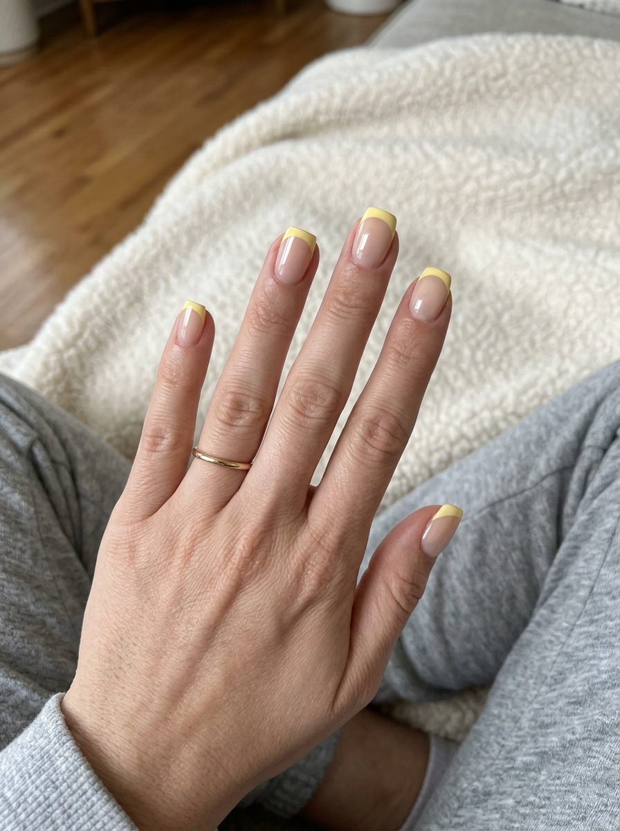 Cute summer nails 2026: Cheerful butter yellow French tips on squoval nails for daily wear.