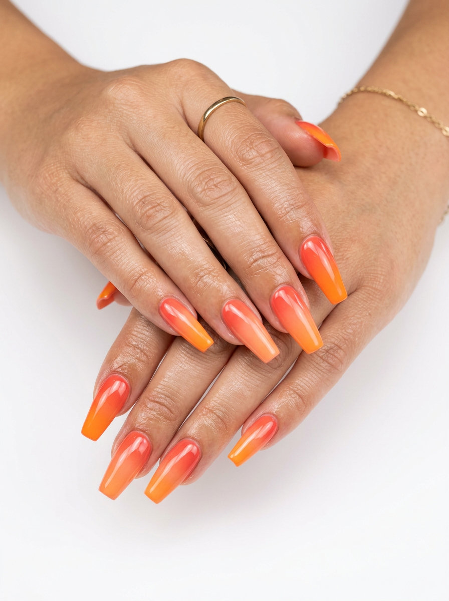 Cute summer nails 2026: Sunset Glow Gradient Coffin with orange, coral, and peach. Vibrant vacation nails.