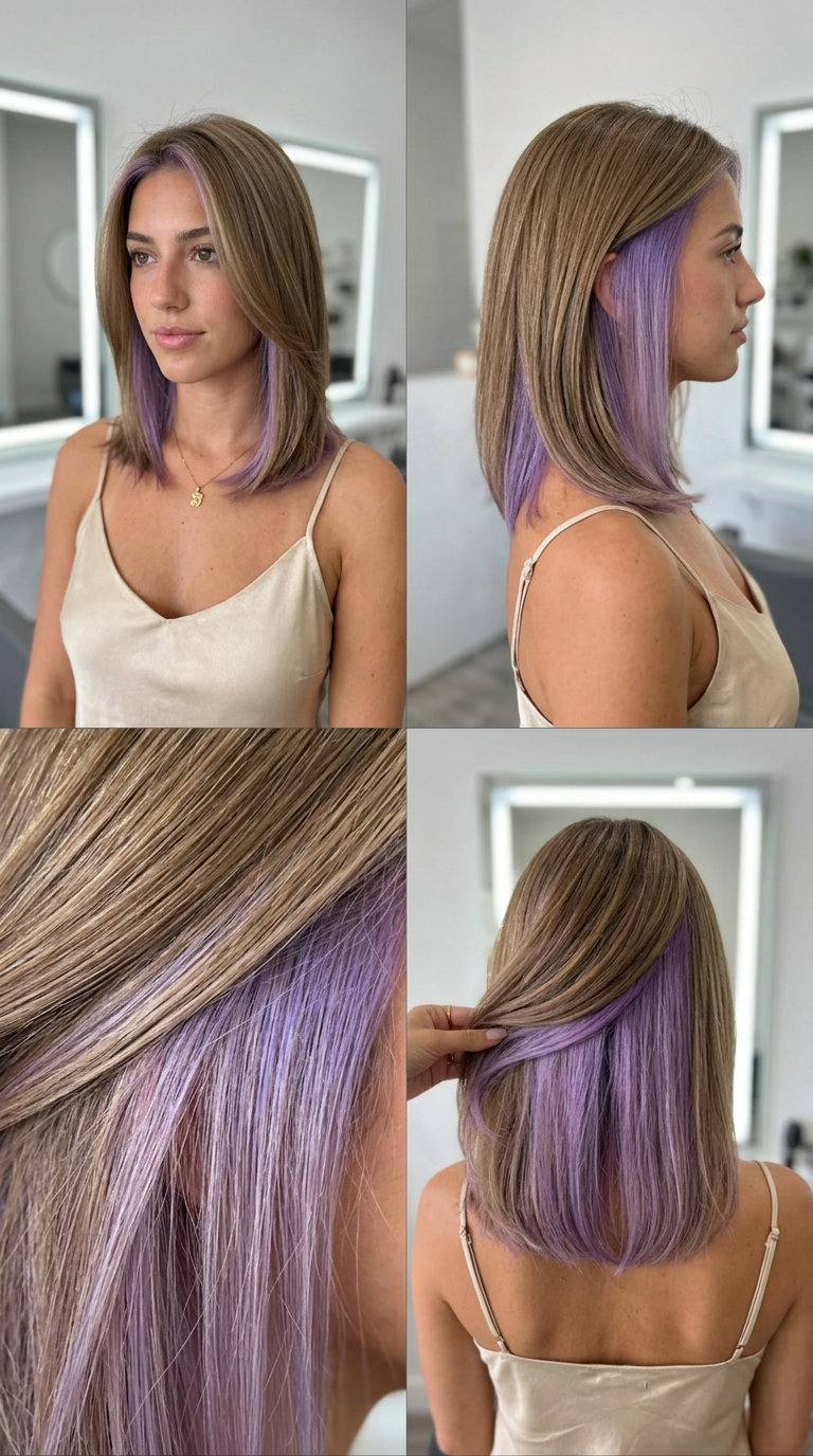 very short cyber-pastel lavender peekaboo with natural dark blonde base, semi-permanent dye for edgy playfulness