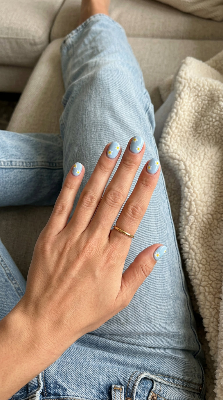Daisy Patch Pastel Blue nails: playful sky blue with yellow daisy decals for summer vibes nails 2026.