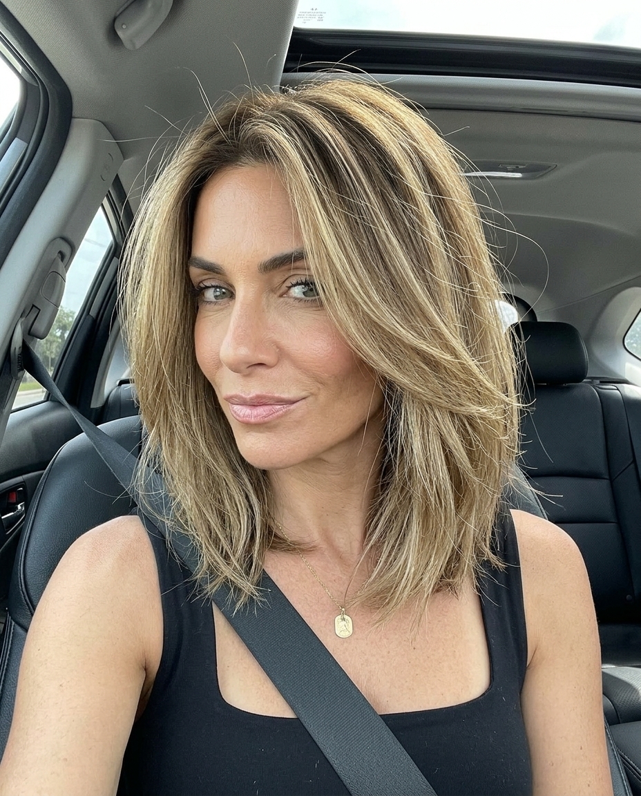 collarbone-length dark blonde lob haircut with sandy babylights and soft layers