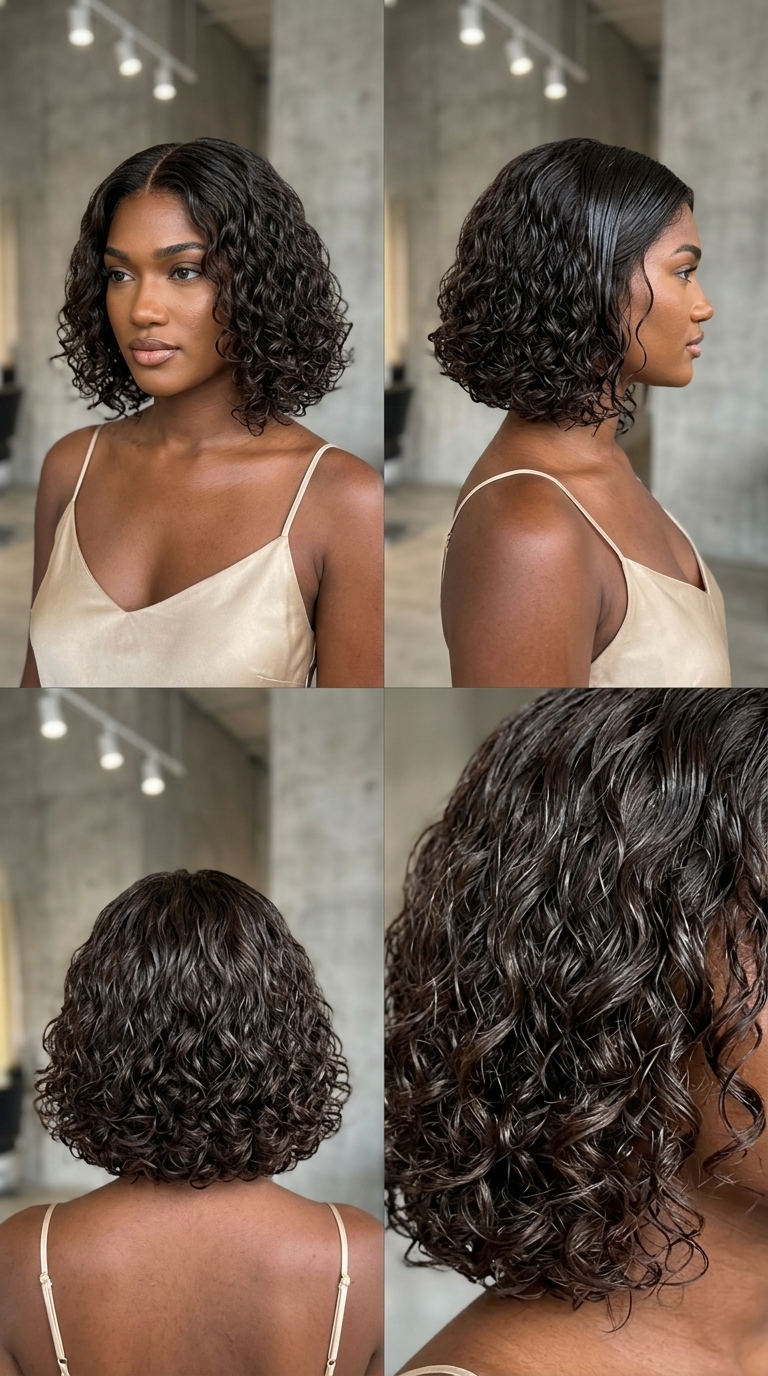 Minimalist Summer Haircuts 2026: Hydro Bob chin-length curly haircuts with dark brown, clear glaze, point-cut perimeter — minimalist summer vibe