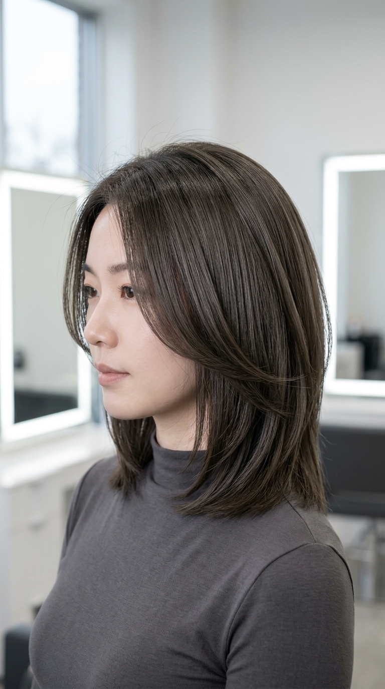 medium layered haircuts with dark brown & ash undertones, sculpted layers, clean perimeter — professional modern