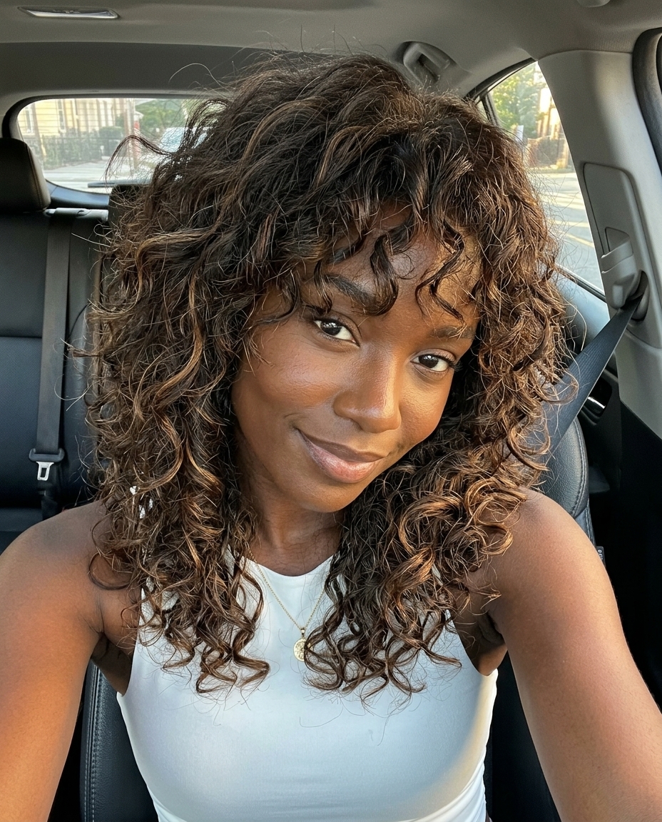 shoulder-length curly shag haircut in dark brown with caramel highlights for summer 2026