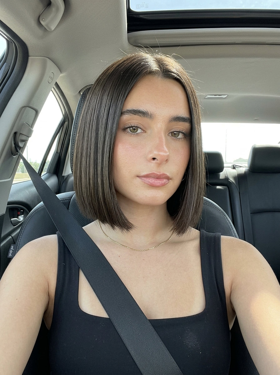 short french bob haircut with natural dark brunette, sculpted precision, no fringe — professional & polished