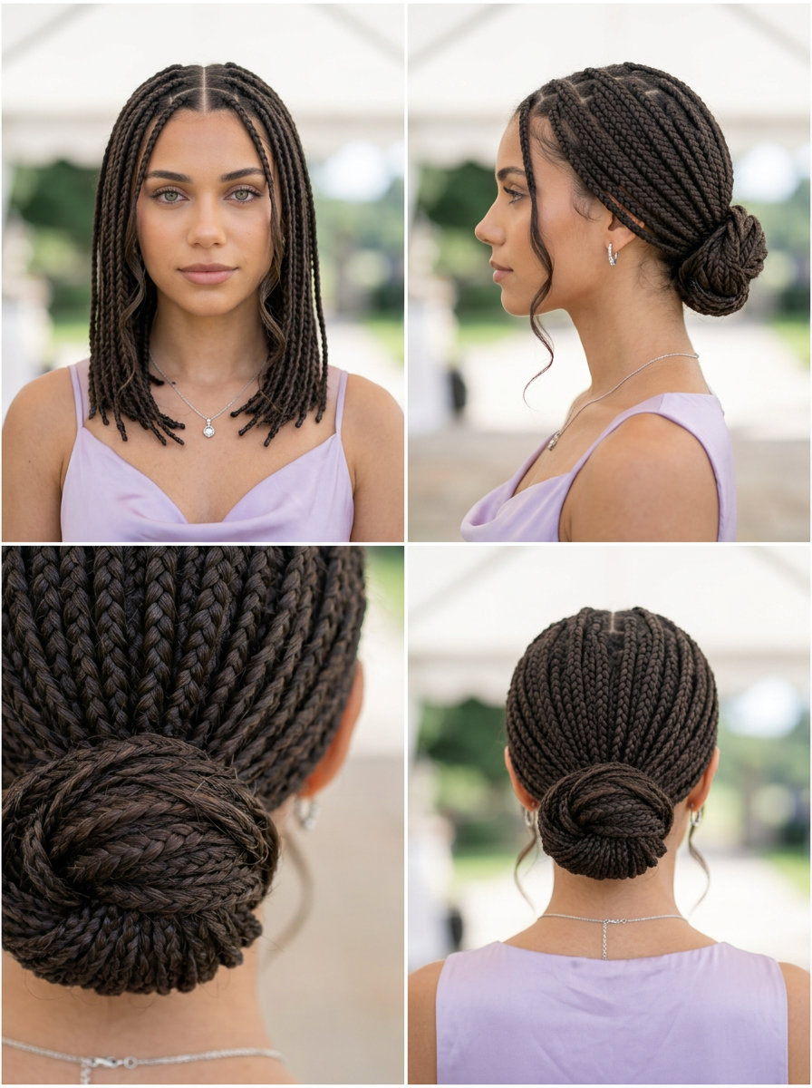 medium-length cool dark chocolate knotless braids with face-framing tendrils in a low bun, sophisticated look