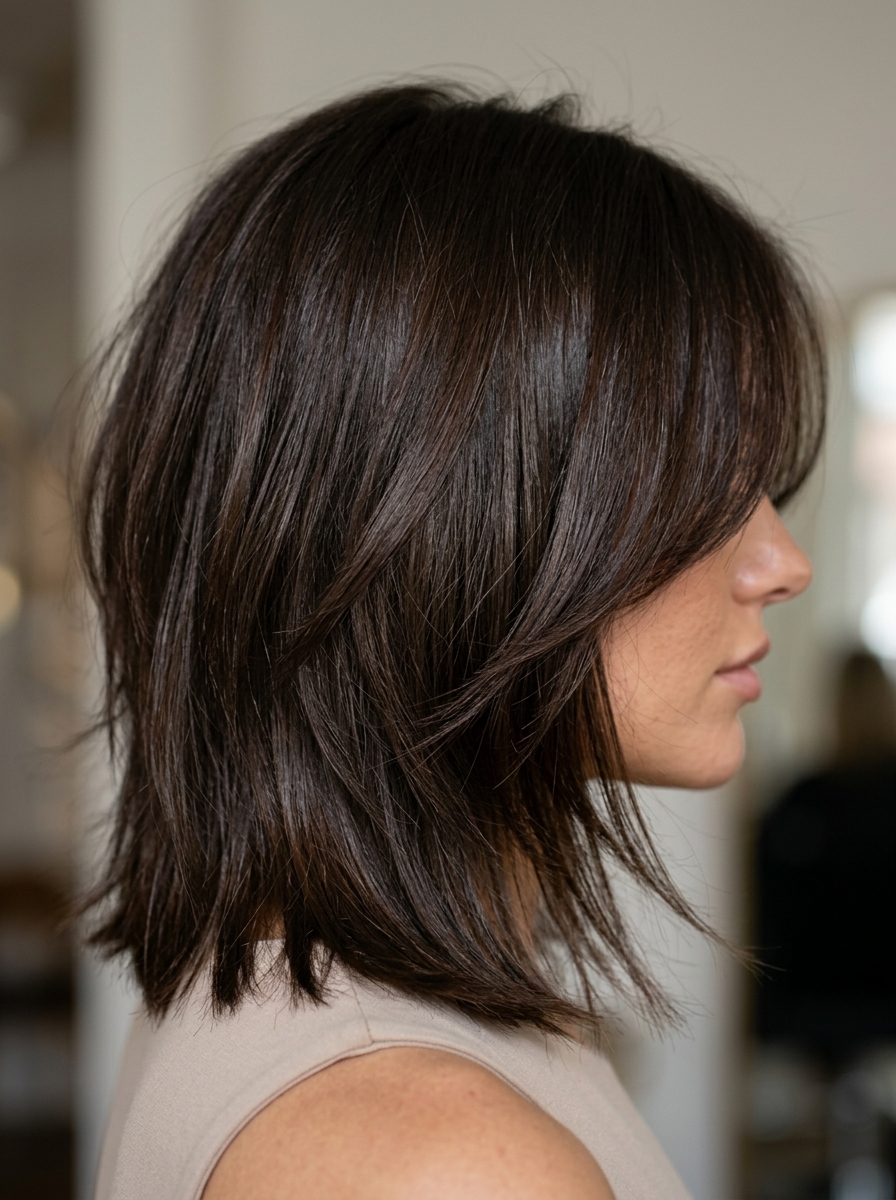 Dark Chocolate Shag 2026: Sophisticated & Sleek medium-length shag haircut with dark chocolate brunette, choppy layers, soft curtain bangs — professional sophisticated look