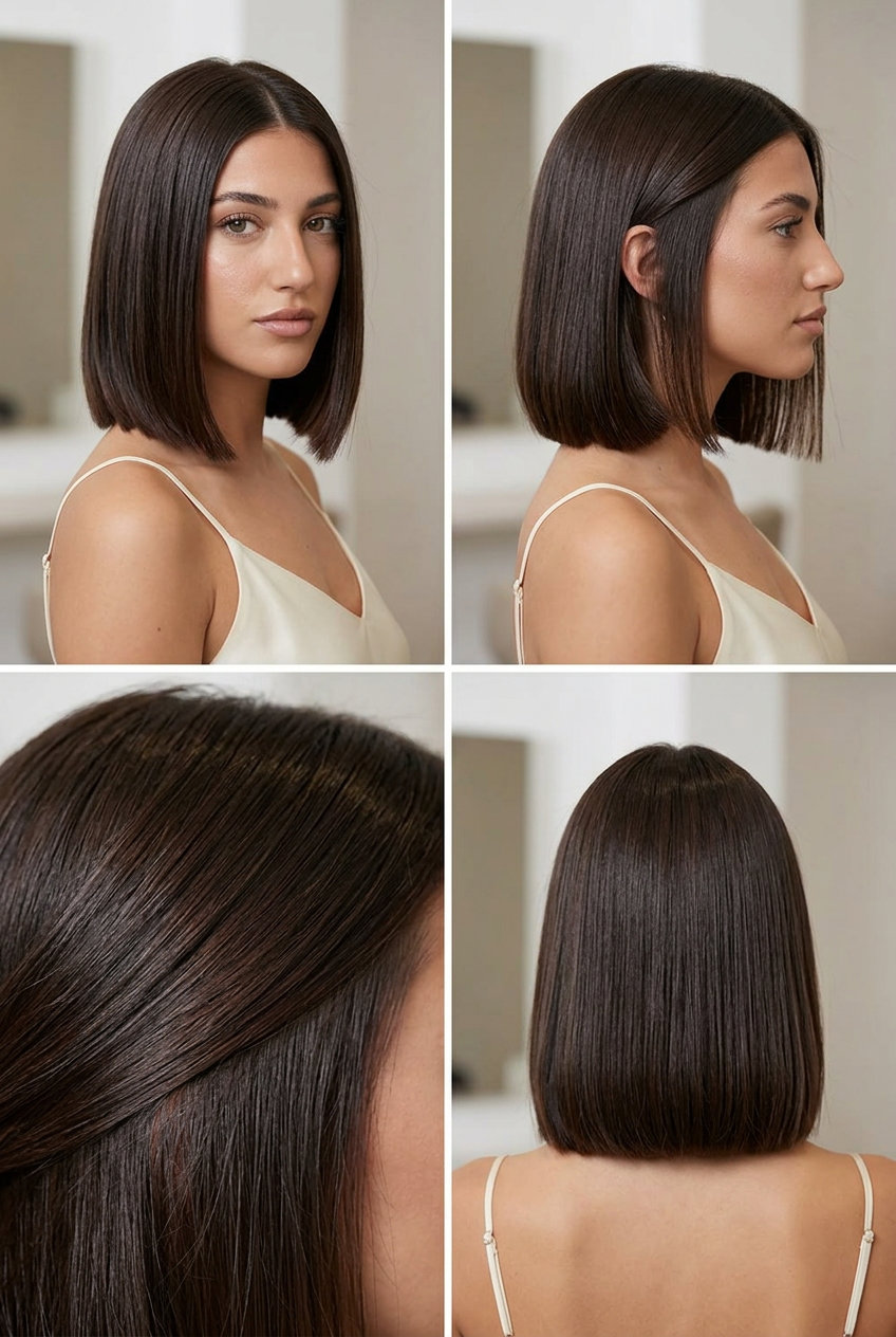 short dark chocolate tousled bob with cool undertones and razor-sharp perimeter for modern shine